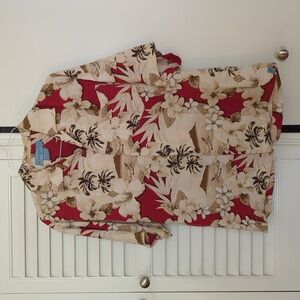 BERMUDA BAY RED & SAND COLORED HAWAIIAN SHIRT 100% SILK PALM TREE OCEAN SIZE M